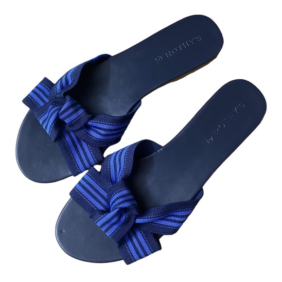 Rothy’s Hemp The Knot Stripe Navy Blue Cobalt Flat Sandal Slide Womens 10 - Picture 1 of 5
